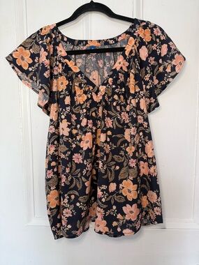 Old Navy Floral V-Neck Flutter Sleeve Blouse - Navy/Peach - NWT Size XL